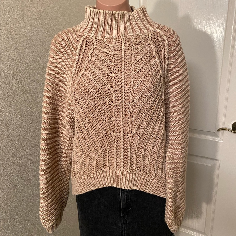 Free People Chunky Cable Knit Turtleneck Sweater in Blush